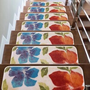 Floral Stair Treads with Blue and Orange Flowers